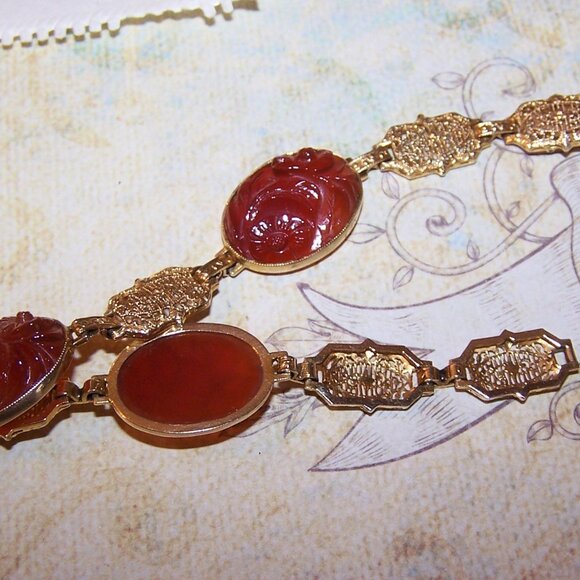 Art Deco 14K Gold Carved Carnelian Flower Filigree Link Bracelet - 7" Long - Picture 5 of 8